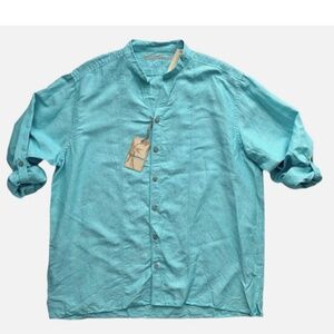 Caribbean Nwt Linen Blend Bright Aqua Roll Long Sleeve Mandarin Collar Shirt XL